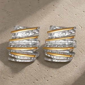 Women Stainless Steel Two-tone Gold Silver Stud Earrings Hammered Texture Irregular Geometric INS Fashion Jewelry Earrings