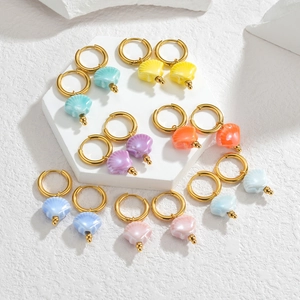 Set of 18K gold stainless steel hoop earrings with colorful shell-shaped pendants