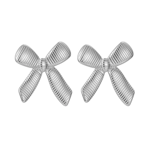 Elegant silver bow stud earrings with textured pleated details for a minimalist look