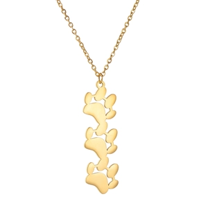 Detailed view of three vertical cat paw prints on a minimalist golden pendant necklace
