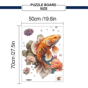 Tableau des tailles détaillé montrant les dimensions 50x70cm du sticker mural carpe koï