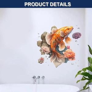 Détail des stickers muraux 3D carpe koï et fleurs de lotus sur un mur blanc de salle de bain
