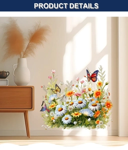 Detail of vibrant butterfly and daisy wall stickers on a minimalist indoor living room wall
