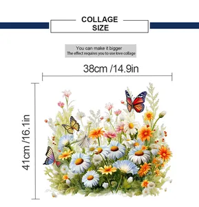 Size guide showing butterfly and daisy floral wall decal dimensions 38x41cm