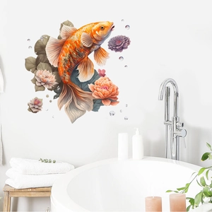 Détail de stickers muraux 3D carpe koi et pivoine rose sur un mur blanc de salle de bain