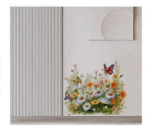 Macro detail of butterfly and wildflower wall stickers on a modern grey textured wall