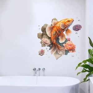 Stickers muraux 3D carpes Koi et fleurs de pivoine pour décoration de baignoire