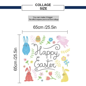 Detailed collage view showing Happy Easter wall stickers with dimensions 65cm x 65cm