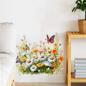 Floral wall decal with white daisies, sunflowers and butterflies for home wall decoration