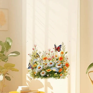 Vibrant butterfly floral wall sticker with white daisies and green leaves for home decor