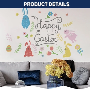 Detailed view of colorful cartoon Easter bunny wall stickers on a home living room wall