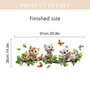 Detail view of cartoon kittens on branches wall sticker with finished size specifications