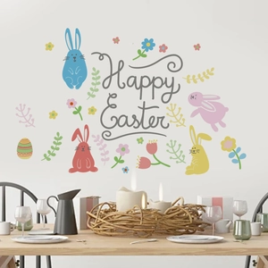 Detail of Happy Easter wall decals featuring cute bunnies and colorful eggs on a white wall
