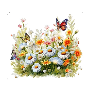 Self-adhesive wall sticker with white daisies, orange wildflowers and colorful butterflies