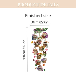 Detail view of cartoon cat wall sticker showing finished size dimensions 58cm by 134cm