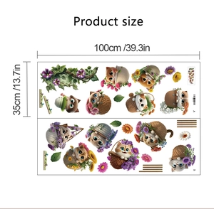 Detailed dimensions of cartoon kittens in flower baskets wall sticker set with size markings