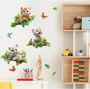 Detail of cute cartoon kittens on branch wall stickers for kids nursery room decor