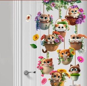 Detail showing cute 3D cartoon cats in flower baskets as decorative wall door stickers