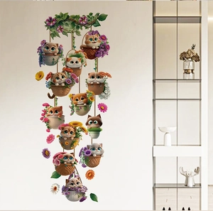 Detail of cute cartoon cats in hanging flower baskets wall sticker for home decoration