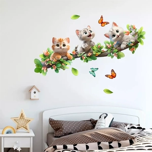 Cartoon Kitten On Tree Branch Wall Sticker PVC Removable DIY Animals Wall Decal For Kids Nursery Bedroom Living Room Home Decoration