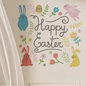Happy Easter wall stickers featuring cartoon bunnies and colorful eggs for home decoration