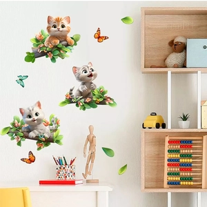 Cartoon cats on tree branches wall stickers with butterflies for home nursery decor