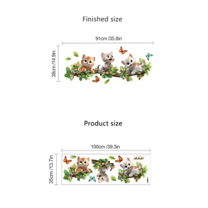 Cartoon cats on flower branch wall sticker for living room bedroom decor 91x38cm