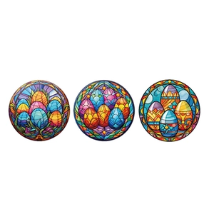 Lot de 3 autocollants muraux 3D œufs de Pâques avec motif vitrail coloré et fleurs