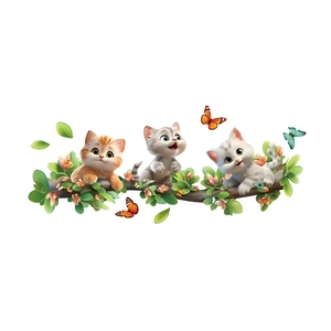 Cartoon cats on tree branch wall sticker with flowers and butterflies for room decor