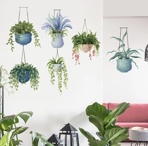 Detail of hanging potted plant wall stickers in modern living room decor