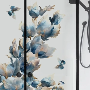 Indigo Blau Goldrand Floral Wandtattoo PVC Wasserdicht Blume Schmetterling Kunst Aufkleber Für Wohnzimmer Schlafzimmer Glas Tür Heimdeko