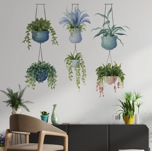 Set of 6 self-adhesive wall stickers featuring hanging potted plants in Morandi tones