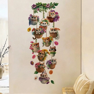 Cartoon cats in flower baskets wall stickers for cozy kids room and bedroom decoration