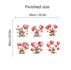 Finished size dimensions of 90x60cm for cartoon teddy bear wall stickers with red hearts
