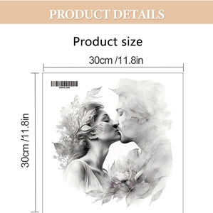 Detail view of romantic kissing couple wall decal showing dimensions 30x30cm