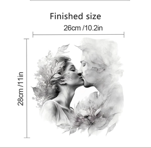 Detail view of romantic kissing couple wall decal with dimensions 26x28cm in sketch style