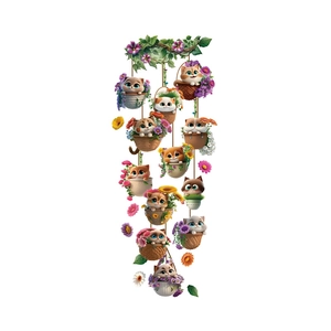 3D cartoon cat wall stickers with colorful flowers and kittens in baskets for home decor