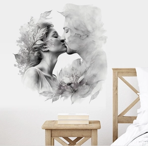 Detail of artistic black and white watercolor wall sticker showing a kissing couple in bedroom