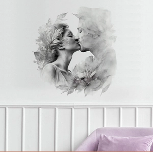 Artistic watercolor couple kiss wall decal with floral details in elegant room setting
