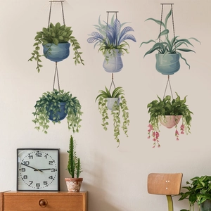 Self-adhesive wall stickers with six hand-painted hanging potted plants for home decor