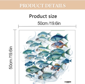 Detail showing self-adhesive ocean fish wall sticker dimensions of 50cm x 50cm