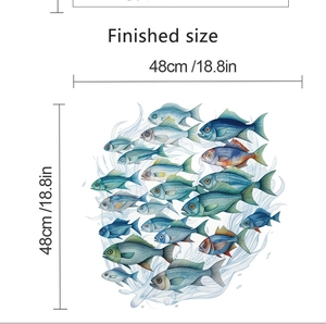 Finished size display of ocean fish wall decal showing 48cm circular school of fish