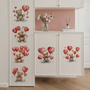 Cute Watercolor Teddy Bear With Red Heart Balloons Wall Sticker PVC Self Adhesive Decal For Kids Room Cabinet Fridge Decor