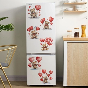 Cartoon teddy bear with heart balloons wall stickers on a white kitchen refrigerator