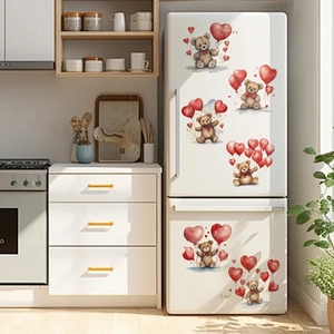 Cartoon teddy bear with heart balloons wall stickers for fridge and bedroom decor