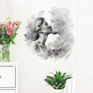Modern minimalist couple kissing wall decal with floral smoke art for bedroom decor