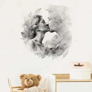 Minimalist kissing couple wall decal with floral sketch art for modern home decor