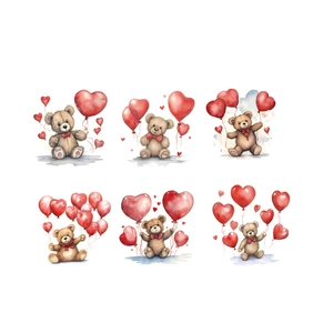 Ins-style cute cartoon teddy bear with red heart balloons self-adhesive wall stickers set