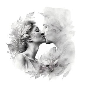 Romantic kissing couple wall sticker with artistic floral textures and monochrome design