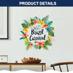 Detail of tropical Brazil Carnival wall decal featuring palm leaves and hibiscus flowers
